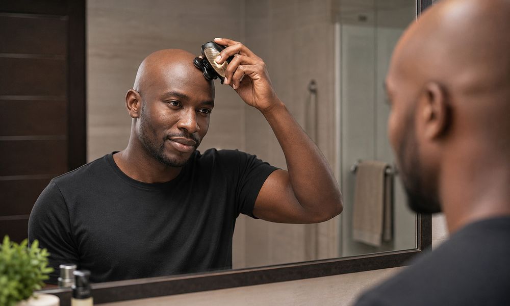 A man shaving the back of his head in front of a mirror