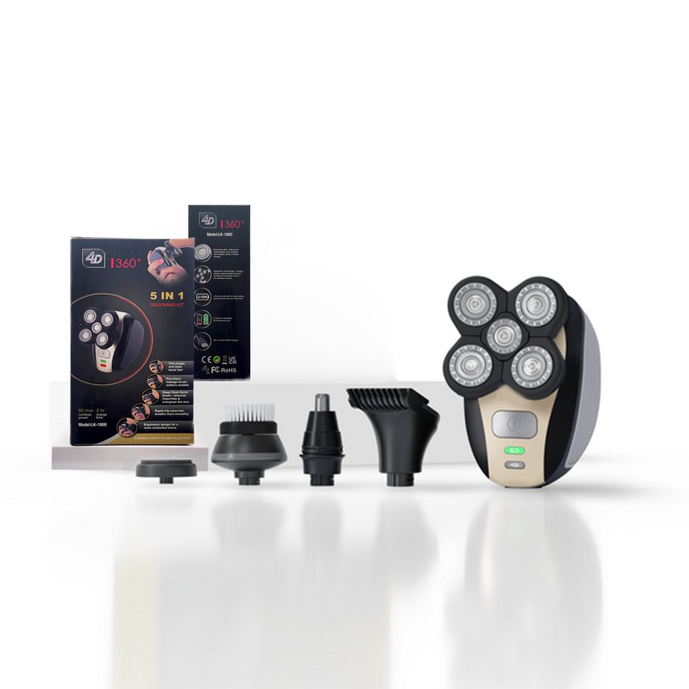 4D 5-in-1 Grooming Kit: rotary shaver, trimmers, brush and box