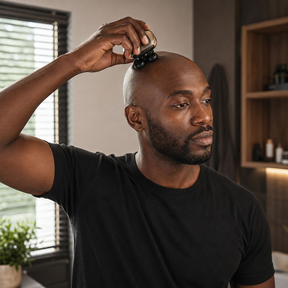 A man shaving his head with the rotary shaver