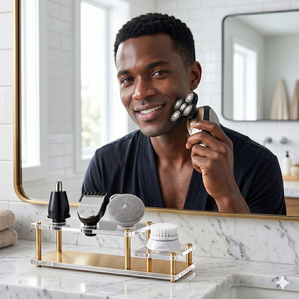 A smiling man shaving with the rotary shaver in his bathroom